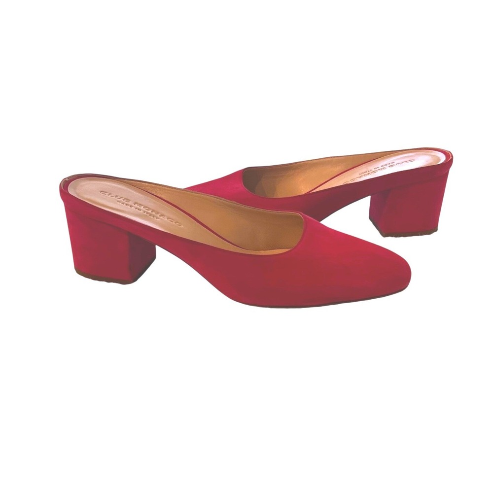 Club Monaco Delmara Red Suede Block Heel Mules Made in Italy Size 38